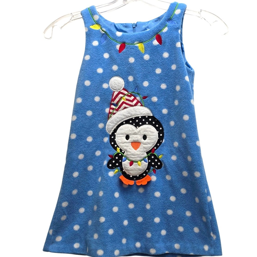 Bonnie Jean Girls Blue Polka Dot Penguin Christmas Holiday Dress‎ Size 5